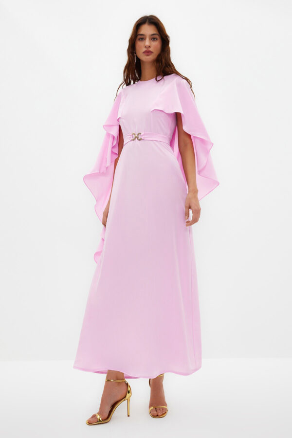 Trendyol Lilac Belted Cape Detailed Elegant Woven Evening Dress