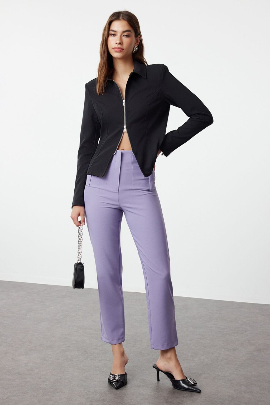 Trendyol Lilac Cigarette Pattern Darted High Waist Ankle Length Woven Fabric Trousers