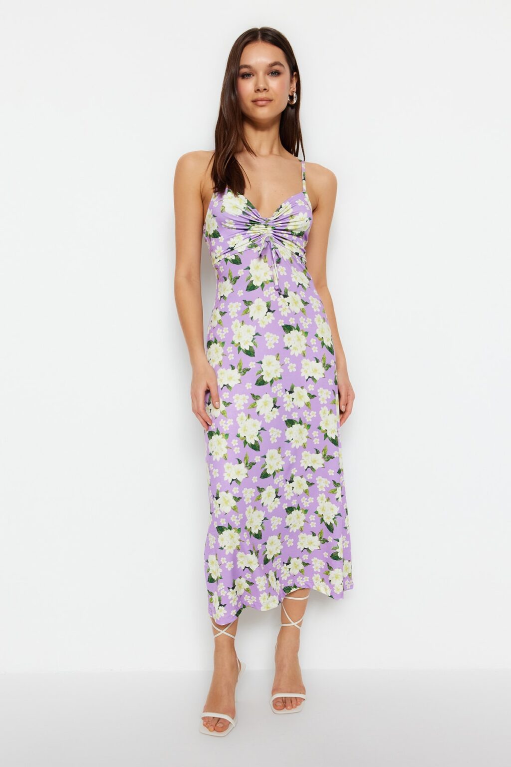 Trendyol Lilac Floral Pattern Shirring Részletes A-Line Midi Sweetheart nyakpántok
