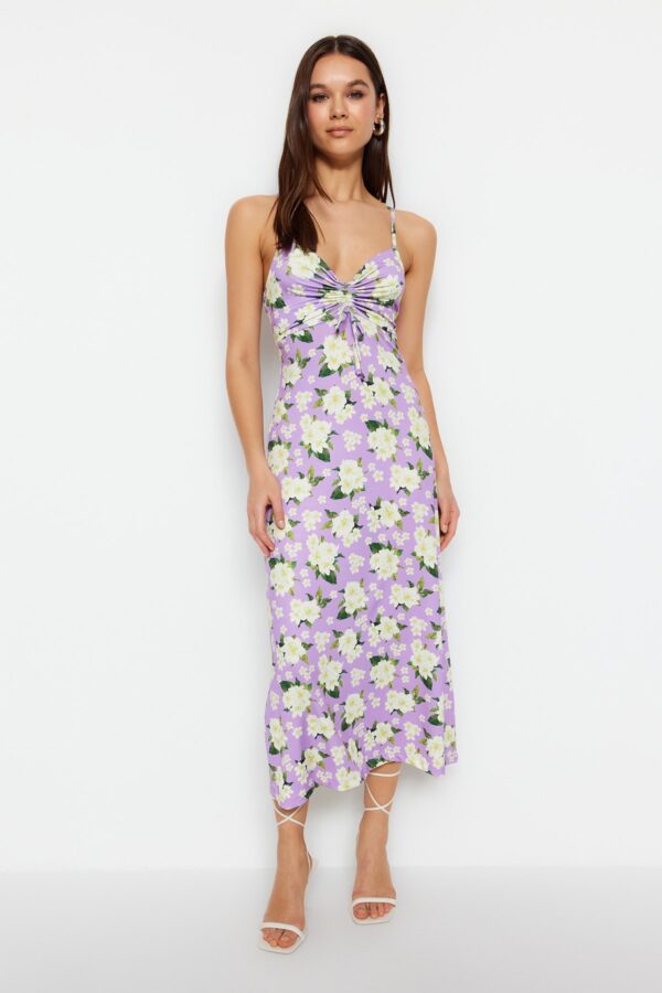 Trendyol Lilac Floral Pattern Shirring Részletes A-Line Midi Sweetheart nyakpántok