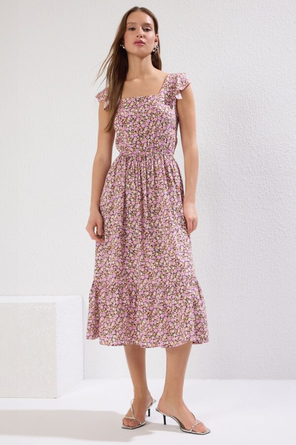 Trendyol Lilac Floral Print Square Collar A-line Viscose Midi Woven Dress