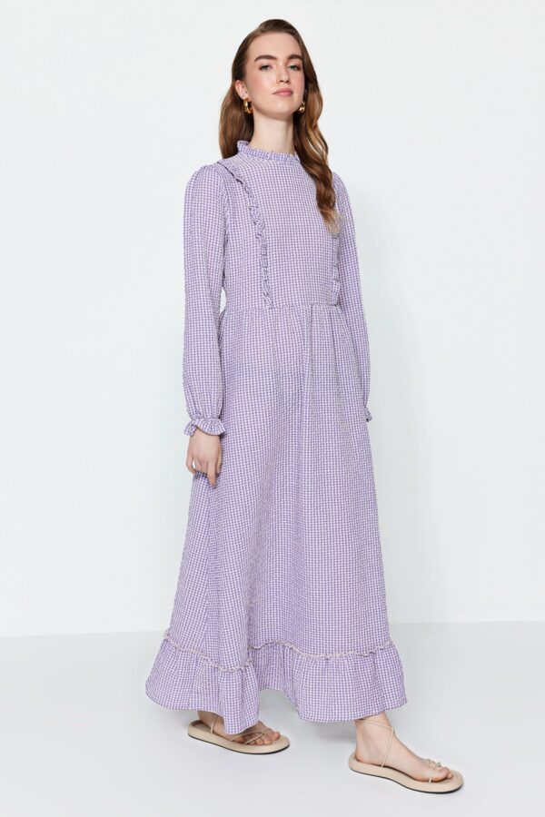 Trendyol Lilac Gingham mintás fodros részletes szőtt ruha