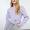 Trendyol Lilac Twist Detailed Crop Thick Inside Fleece Crew Neck Knitted Sweatshirt