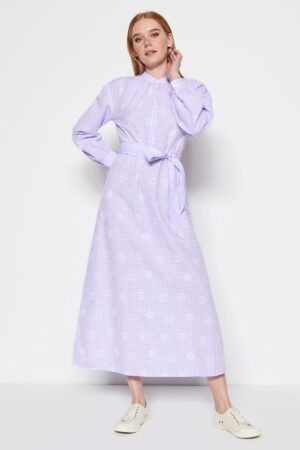 Trendyol Lilac öves kockás virág mintás fél pattintás szőtt ruha