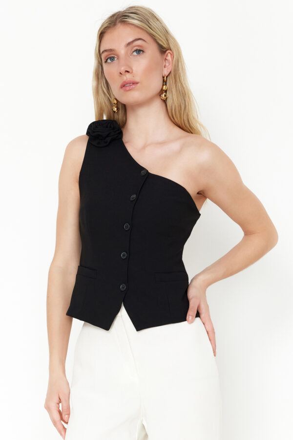 Trendyol Limited Edition Black Fitted One Shoulder Rose Detail Crop Woven Vest