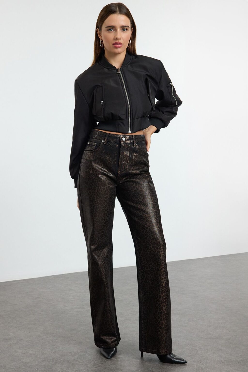 Trendyol Limited Edition Brown Leopard Foil Printed High Waist Wide Leg Jeans