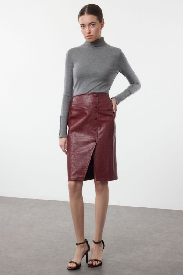 Trendyol Limited Edition Dark Red Snakeskin Slit Midi Woven Skirt