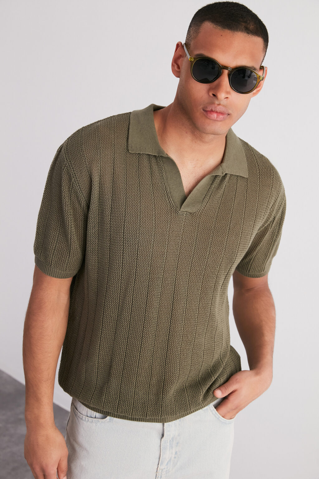 Trendyol Limited Edition Khaki Relaxed Cotton Short Sleeve Polo Neck Knit T-shirt