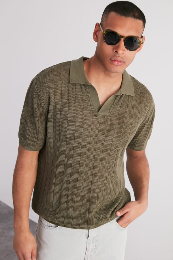 Trendyol Limited Edition Khaki Relaxed Cotton Short Sleeve Polo Neck Knit T-shirt