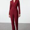Trendyol Limited Edition Long Claret Red Satin Collar Detailed Woven Jumpsuit