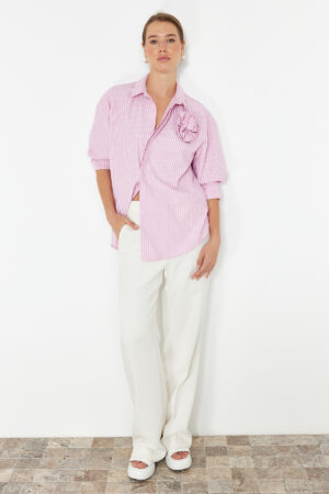 Trendyol Limited Edition Pink Striped Rose Detailed Woven Shirt