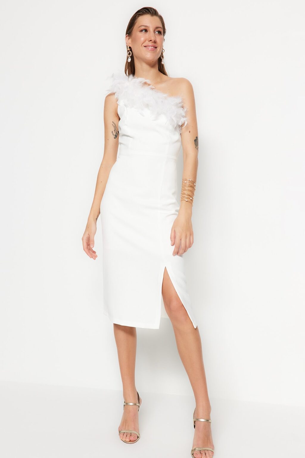 Trendyol Menyasszonyi Ecru gallér részletes esküvői / Nikah elegáns estélyi ruha