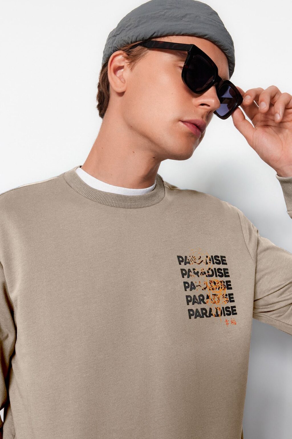 Trendyol Mink 100% Cotton Regular Cut Long Sleeve Crew Neck Printed Sweatshirt