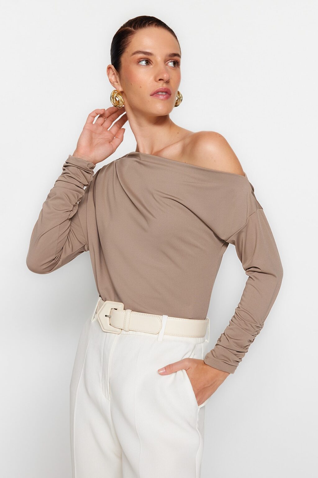 Trendyol Mink Asymmetric Collar Flowy Stretchy Knitted Blouse