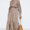 Trendyol Mink Belted Shoulder Detailed Flounce Skirt Buttoned Woven Shirt Dress
