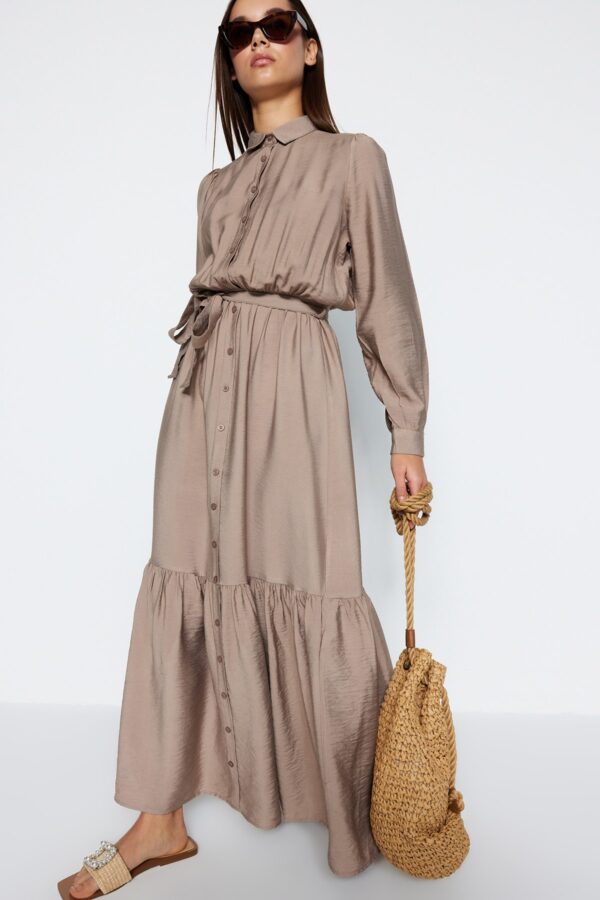 Trendyol Mink Belted Shoulder Detailed Flounce Skirt Buttoned Woven Shirt Dress