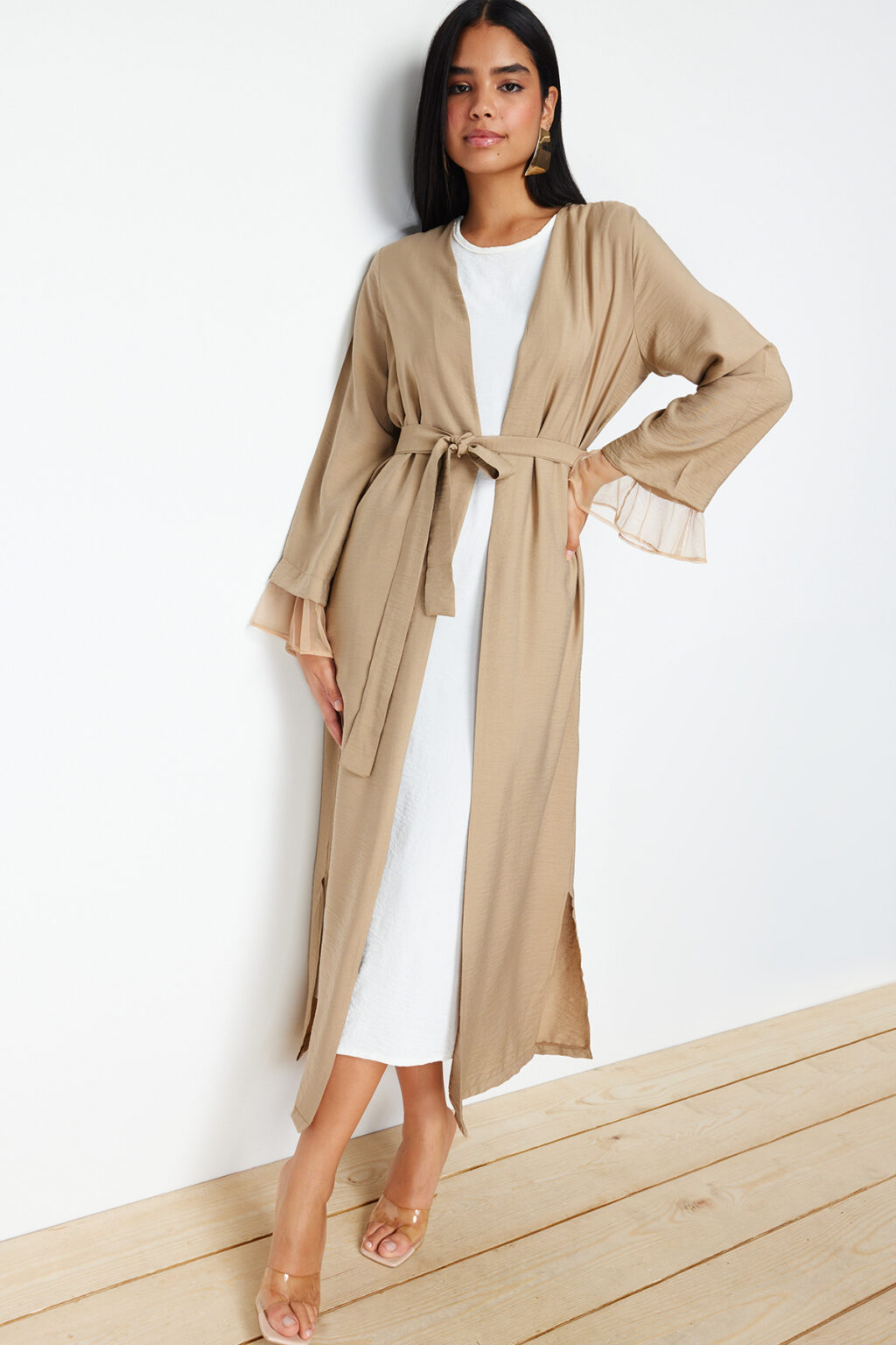 Trendyol Mink Belted Tulle Detailed Woven Cap & Ferace & Abaya