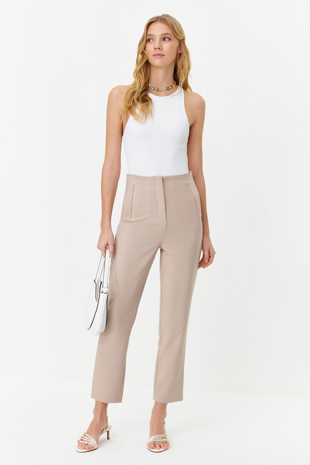 Trendyol Mink Cigarette Pattern Darted High Waist Ankle Length Woven Fabric Trousers