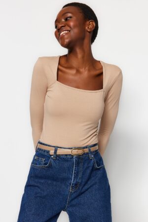Trendyol Mink Cotton Stretch Square Neck Fitted/Sleeping Stretch Blouse Trendyol Mink Cotton Stretch Square Neck Fitted/Sleeping Stretch Blouse