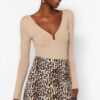 Trendyol Mink Cotton Stretchy V Neck Fitted/Situated Stretchy Knitted Bodysuit
