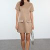 Trendyol Mink Crew Neck Stone Detailed Shift/Straight Mini Suede Knitted Dress