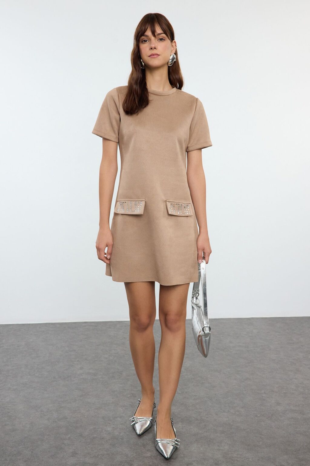 Trendyol Mink Crew Neck Stone Detailed Shift/Straight Mini Suede Knitted Dress