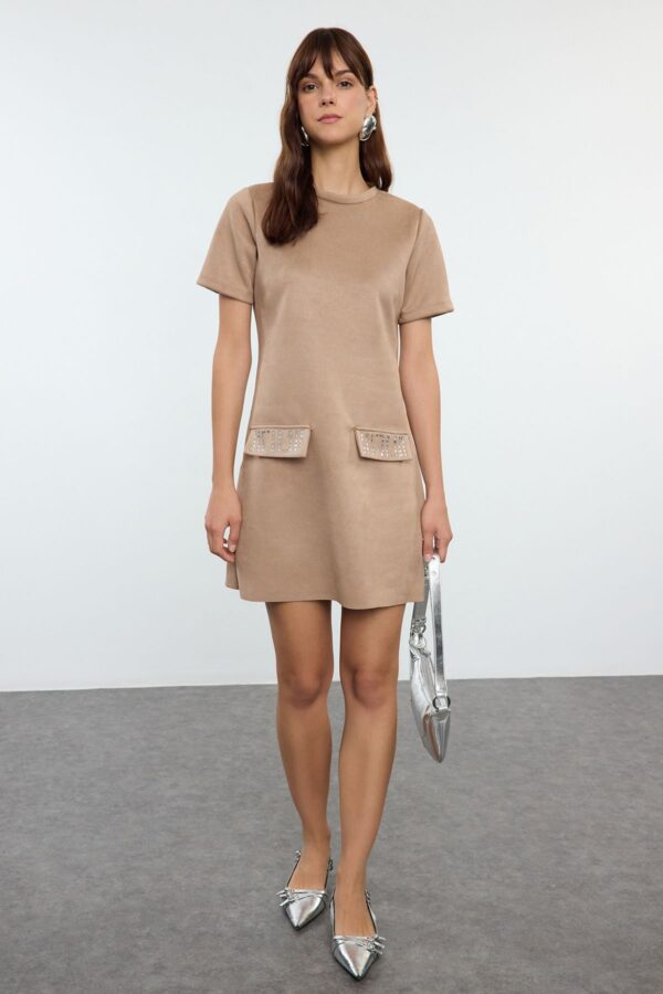 Trendyol Mink Crew Neck Stone Detailed Shift/Straight Mini Suede Knitted Dress