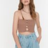 Trendyol Mink Crop Corduroy Knitted Blouse