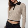 Trendyol Mink Crop Openwork/Hole Ribbon/Bow Detailed Knitwear Sweater