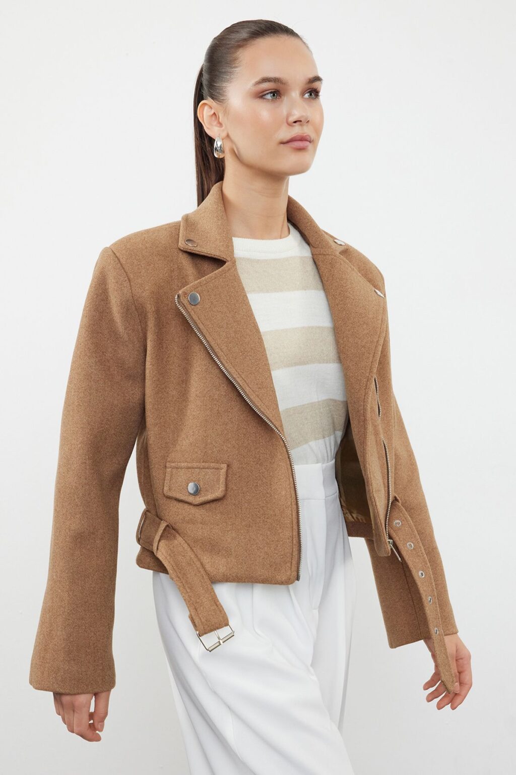 Trendyol Mink Fitted Pattern Knitted Cashmere Biker Thin Jacket Coat