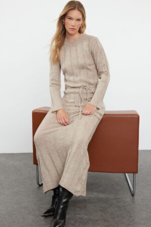 Trendyol Mink Maxi Knit Soft Textured Tie Detail Dress