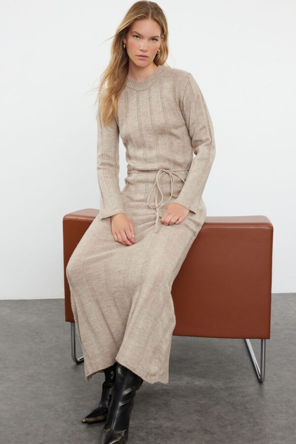 Trendyol Mink Maxi Knit Soft Textured Tie Detail Dress