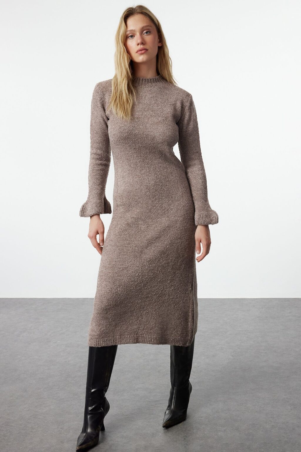 Trendyol Mink Midi Knitwear Boucle Dress