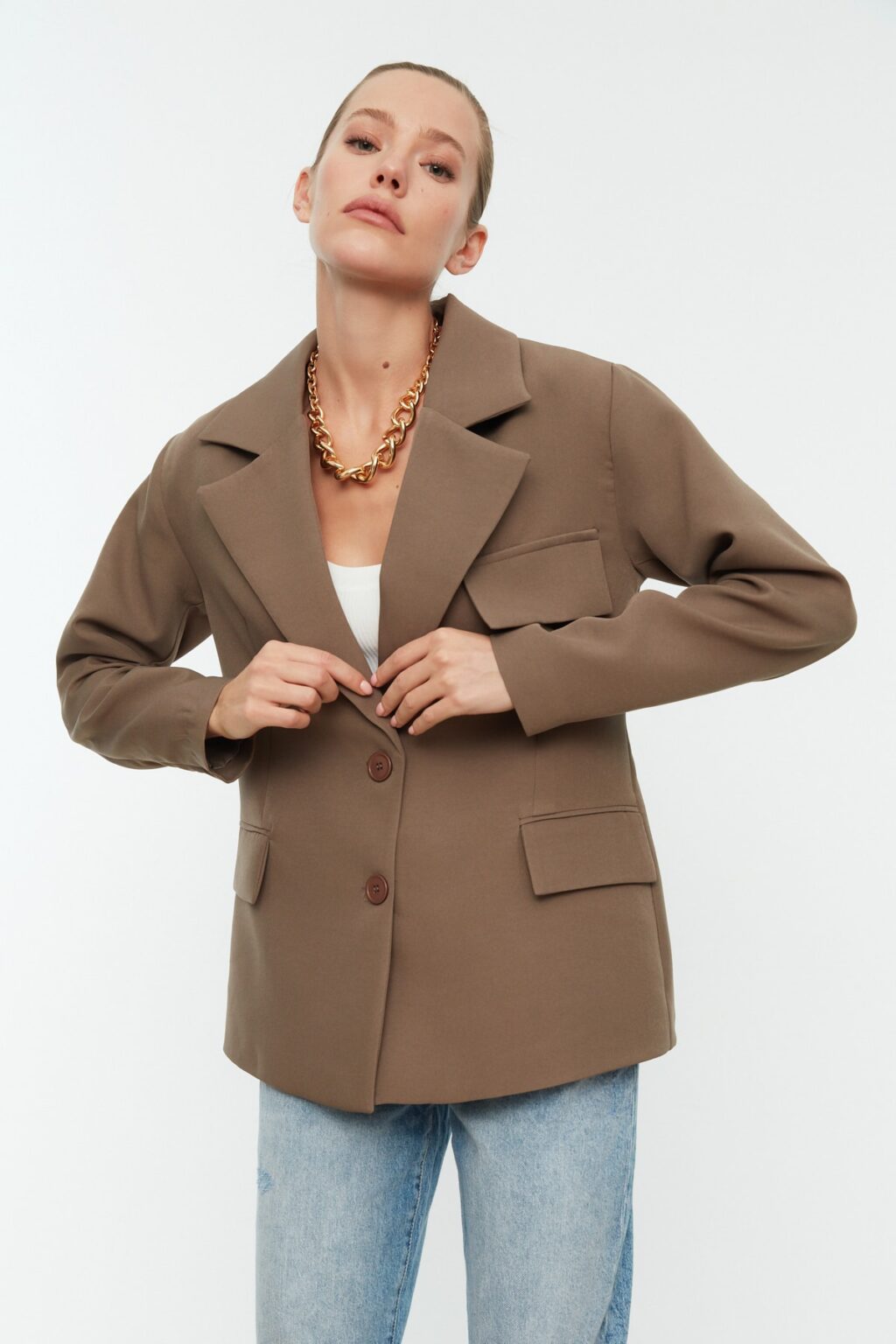 Trendyol Mink Oversize bélelt dupla mellű zárható szőtt blézerdzseki