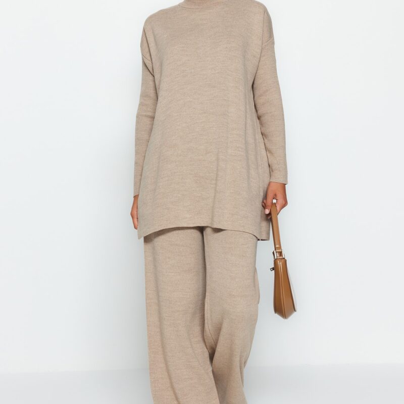 Trendyol Mink Slit Wide Leg Knitwear Bottom-Top Set