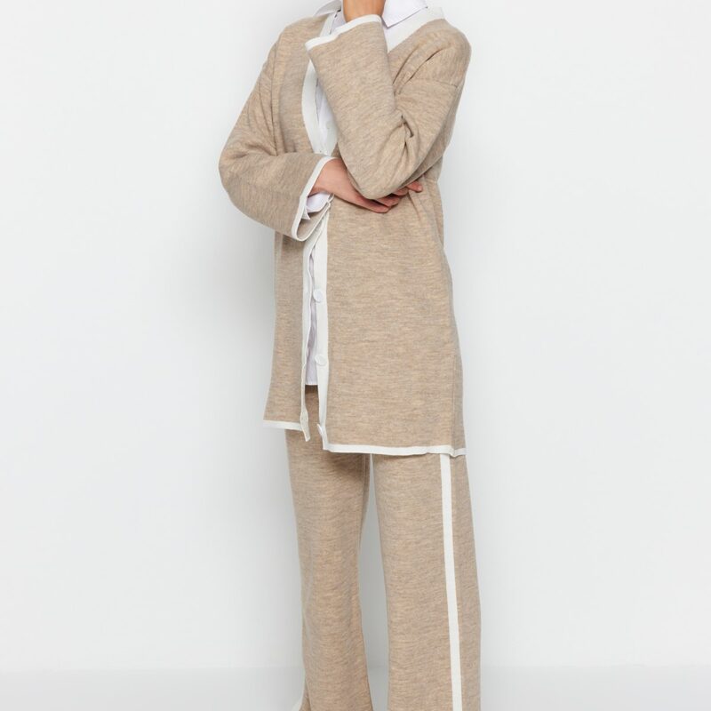 Trendyol Mink Striped Knitwear Sweater Trousers Bottom Top Suit