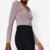 Trendyol Mink Waistband Draped Detailed Fitted/Sleeping Elastic Snaps Knitted Bodysuit