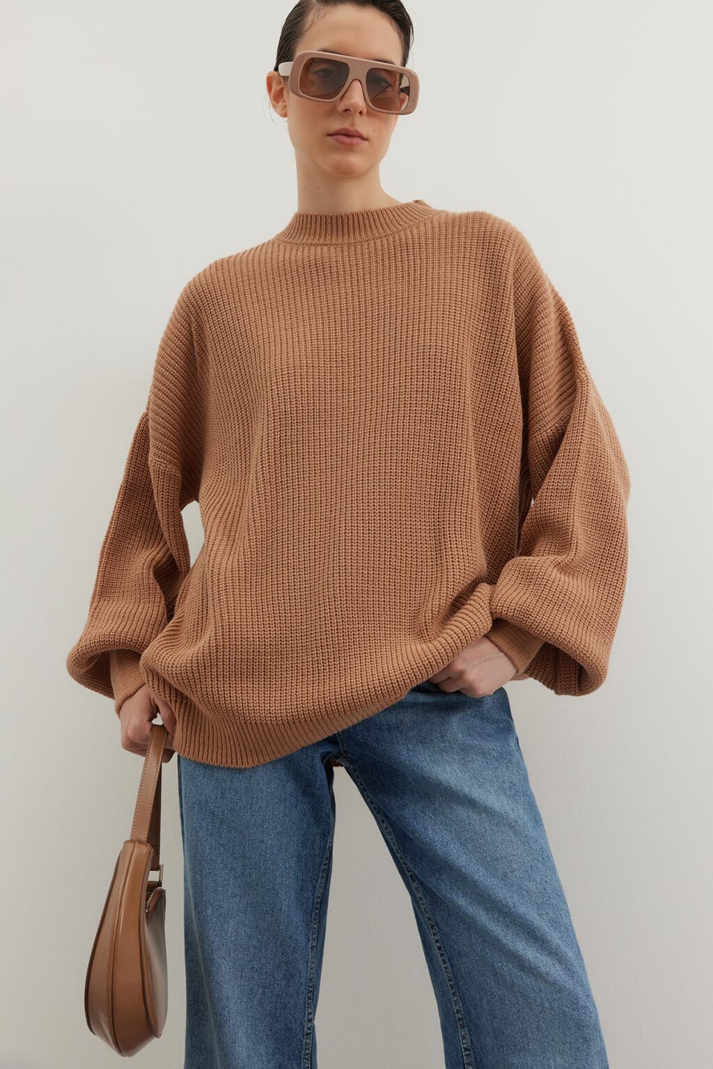 Trendyol Mink Wide Fit Crew nyakú kötöttáru pulóver