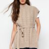 Trendyol Mink Wide Fit Wool Belted Knitwear Sweater