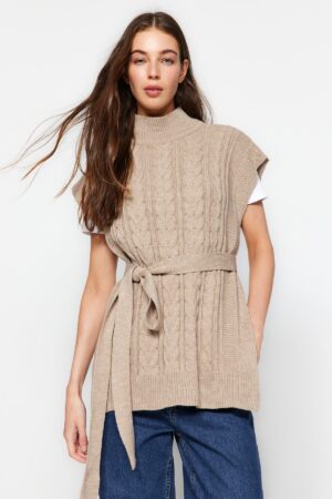 Trendyol Mink Wide Fit Wool Belted Knitwear Sweater
