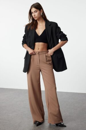 Trendyol Mink Wide Leg Pleated Woven Fabric Trousers