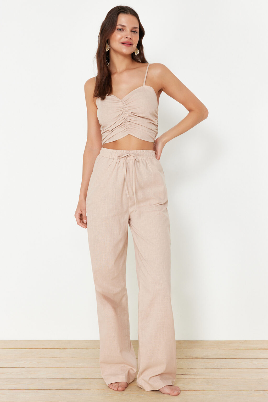 Trendyol Mink Woven Blouse Trousers Beach Set