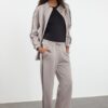 Trendyol Mink Zippered Diver/Scuba Cardigan-Pants Knitted Piping Bottom-Top Set