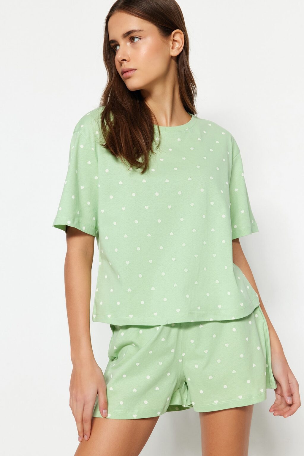 Trendyol Mint 100% Cotton Polka Dot and Heart Shorts Knitted Pajama Set