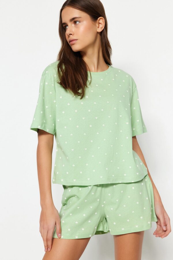 Trendyol Mint 100% Cotton Polka Dot and Heart Shorts Knitted Pajama Set