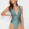 Trendyol Mint Deep Low-cut Draped Regular Core Swimsuit