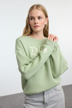 Trendyol Mint Embroidered Regular/Normal Fit Thick Inside Fleece Knitted Sweatshirt