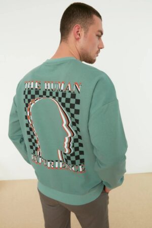 Trendyol Mint Férfi túlméretes Crew Nyak Hosszú ujjú nyomtatott pulóver