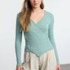 Trendyol Mint Fitted Double Breasted Neck Long Sleeve Ribbed Stretchy Knitted Blouse