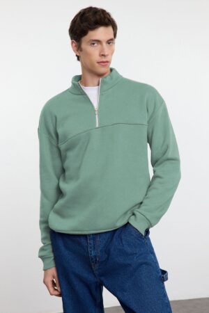 Trendyol Mint Oversize/Wide Cut Stand Collar Zippered Inside Polar Fleece/Warm Basic Sweatshirt